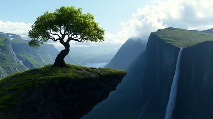 Wall Mural - Serene View of Rolling Green Hills Under Bright Sky with Lush Tree and Majestic Waterfall in the Background, Capturing the Essence of Nature's Beauty and Tranquility