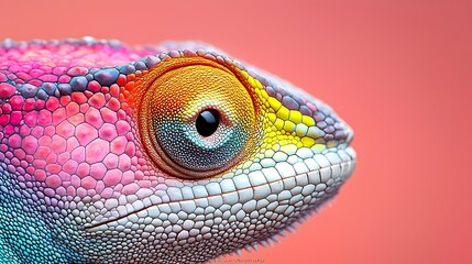 Poster - Close-Up of a Chameleon's Vibrant Skin with Intricate Patterns Showcasing a Spectrum of Colors Against a Soft Background