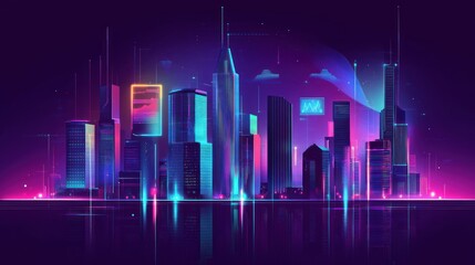 Poster - Neon Cityscape Reflecting Digital Data Streams