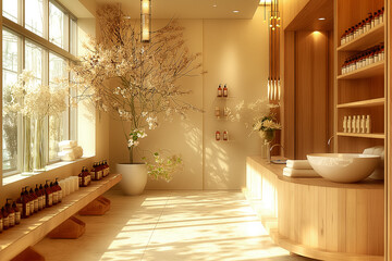 Poster - A tranquil spa with wooden decor, soft lighting, and soothing scents for ultimate relaxation