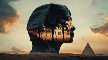 Poster - Captivating double exposure of the benben pyramid and standard egypt digital artwork surreal environment wide-angle viewpoint creative concept for visual storytelling