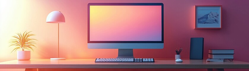 Poster - A modern workspace featuring a computer monitor on a stylized desk, ideal for digital work or creative projects.