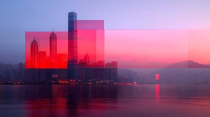 Poster - Dynamic Double Exposure of a City Skyline at Dusk with Vibrant Colors and Reflections in Water, Creating a Striking Visual Contrast
