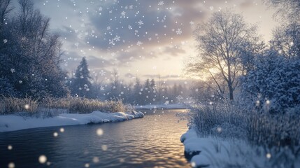 Wall Mural - River in snowy forest