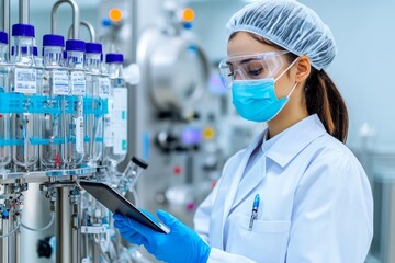 Poster - While standing by laboratory equipment, a young woman uses a digital tablet