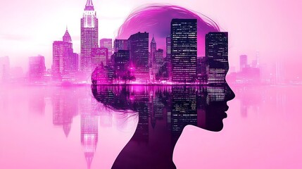 Wall Mural - Serene Double Exposure of Urban Silhouette Merging with Cityscape at Dusk, Capturing the Essence of Modern Life and Creativity in Pink Hues