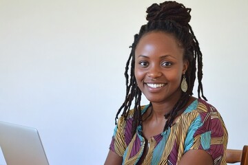 Poster - A happy black woman in stylish casual clothes, studying remotely, using a laptop, listening to an online lecture, taking notes at home while smiling, engrossed in e-learning.