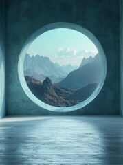 Poster - Animated rendering of a morning sun, watercolor glass screen and mountain shape paper cutting props for displaying festive food, drink, and beauty products.