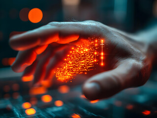 illustration of hand with glowing data circuitry above keyboard