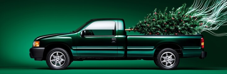 Poster - A green truck is transporting a fir tree with sparkling lights on a green background.