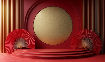 Leinwandbilder - An illustration rendering of a Chinese New Year red podium product showcase with a bright golden ring frame and a Japanese style pattern background. Happy New Year festival concept.
