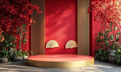 Fototapete - 3D illustration rendering graphic design for Chinese New Year red modern style podium product showcase. Golden ring frame with China pattern background. Happy holiday traditional festival concept.