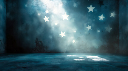 Wall Mural - a blue smoky empty room. there are white decorative stars on the wall. rays of light fall from the w
