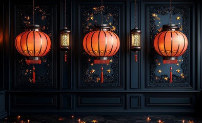 Leinwandbilder - An elegant Chinese blue background with a podium, pedestal, and round stage