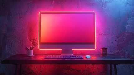 Fototapete - The design of the desktop computer in the game room includes blue purple lights on the background and curtain, a modern PC computer with a white screen and a gaming keyboard. It is a 3-D rendering