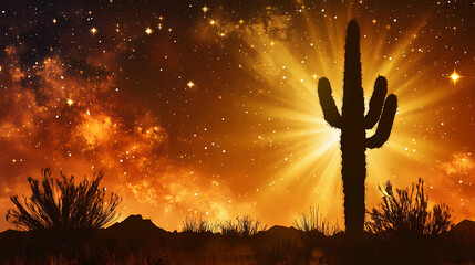 Wall Mural - Silhouette of majestic saguaro cactus against vibrant desert sunset sky with golden sun and twinkling stars. Twinkling Desert Sky. Illustration