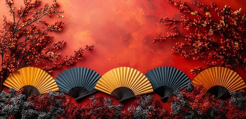 Aufkleber - Color of the year 2023 viva magenta. Color pantone Lunar New Year 2018. Red paper fans for Chinese New Year. Chinese banner template. Color pantone Lunar New Year 2023.