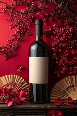 Aufkleber - With paper fans on the background of a red wine bottle during Chinese Lunar New Year