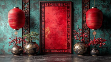 Aufkleber - Lunar New Year Background with 3D Pattern and Square Frame. Red Asian Design Template with Copy Space.