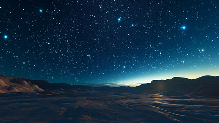 Wall Mural - A mesmerizing 3d depiction of a clear starry night sky illuminating a tranquil desert landscape beneath twinkling stars. Twinkling Desert Sky. Illustration