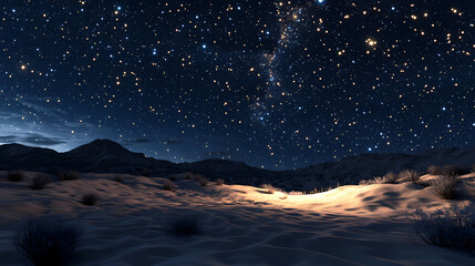 Wall Mural - A mesmerizing 3d depiction of a clear starry night sky illuminating a tranquil desert landscape beneath twinkling stars. Twinkling Desert Sky. Illustration