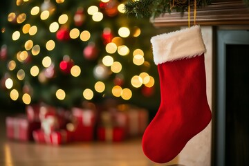 Poster - Santa Claus hat and socks hanging under a Christmas tree in the house. Generate AI files.