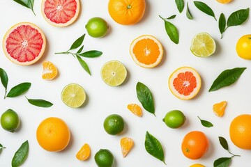 Poster - Half slice of orange and lemon lime floating in air with green leaves on background. Fresh organic fruit that contains high levels of vitamins and minerals.