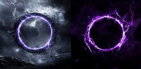 Poster - Lightning round frame with plasma portal on transparent overlay or black background