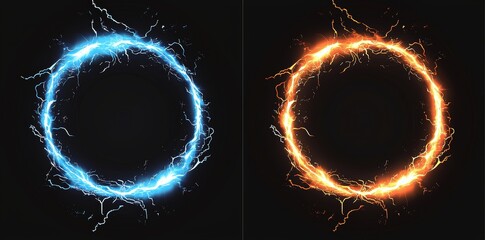 Fototapete - Fire flames with light plasma effect in ring graphic elements isolated on transparent PNG and black backgrounds