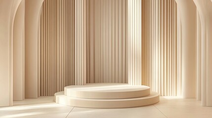 Fototapete - Sophisticated 3D-rendered podium with crisp geometric lines and a minimalist studio backdrop