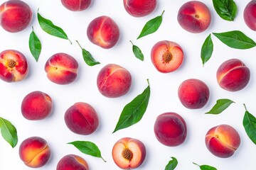 Poster - In summer, Peach fruit flies with half a slice and green leaves isolated on a white background, Delicious fruit.