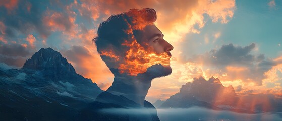 Poster - Dreamy Landscape: A Silhouette of a Person with Clouds and Mountains Merging in a Surreal Sunset Sky, Capturing the Essence of Imagination and Nature Together
