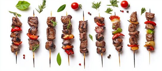 Poster - The meat, pork, and chicken skewers with rosemary are isolated on a white background with flay lay roasted street food on the side.