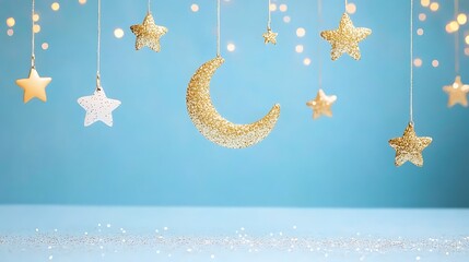 Wall Mural - Dreamy night sky with glittering moon and stars creating a whimsical atmosphere for celebrations