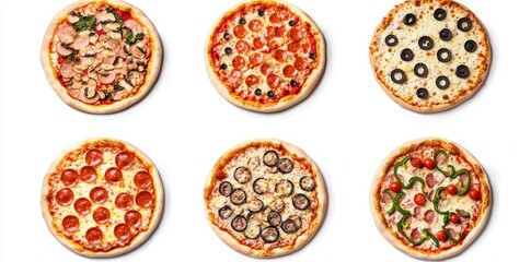 Poster - Various types of pizza in flat view, fast food dish, cheesy and meaty pizza collection in flat view.