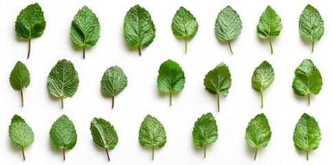 Poster - Green Peppermint leaves isolated on a white background, mint leaves as garnishes for food, desserts, and drinks.