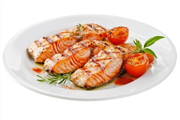 Poster - Grilled salmon steak meal on a white plate with falling salmon, peppers, and tomatoes in the background.