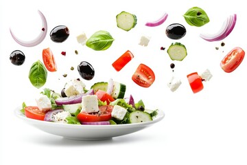 Poster - On a white background, a salad menu is being mixed with falling ingredients feta cheese, lettuce and purple onions.