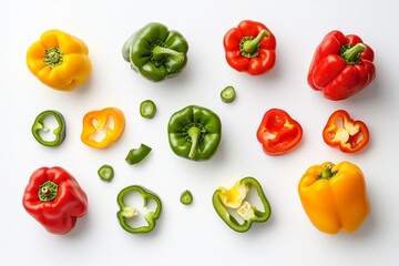 Poster - The colors green, yellow and red of falling bell peppers are isolated on a white background. The peppers are sliced and whole.