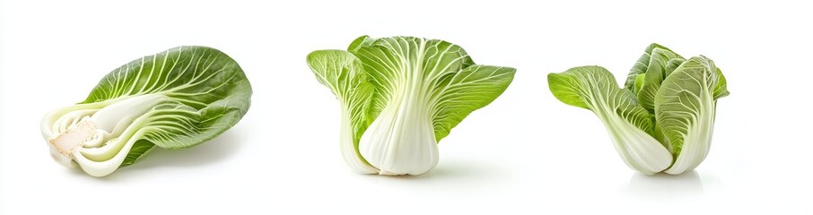 Poster - Green Bok Choy vegetables isolated on a white background, healthy with organic foods, flat lay view.