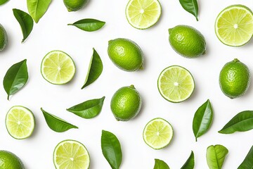 Poster - Sliced limes with green leaves and half slices on a green background. Fresh citrus summer fruit.