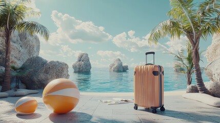 Poster - For a product display, a 3D render shows a minimalist summer beach background with a cute element.