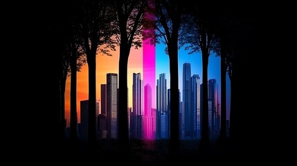 Wall Mural - Surreal landscape featuring a vibrant city skyline blending into a dreamy forest backdrop, showcasing vivid colors and enchanting illumination at dusk.