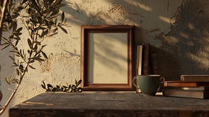 Poster - A beautiful Mediterranean home interior Summer home still life photo Vase with green olive tree branches wooden table Blank picture frame mockup hanging on wall Cup of coffee tea and old books :