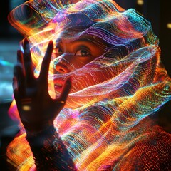 Poster - Swirling light trails envelop an outstretched hand, creating a dynamic effect.