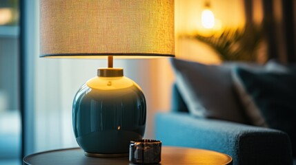 Poster - Teal Table Lamp with a Woven Shade on a Side Table