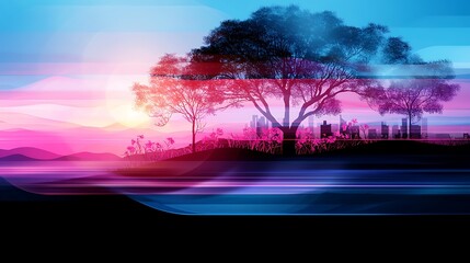 Poster - Vibrant City Skyline at Dusk with Layered Colors and Silhouetted Trees, Showcasing a Beautiful Urban Landscape in a Colorful Evening Sky