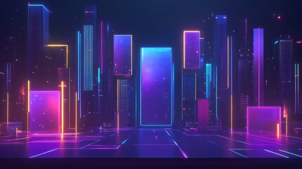 Poster - Neon Cityscape Illuminated Buildings Glowing Night