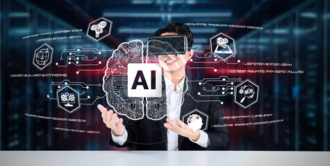 Poster - business man with goggles working while using ai technology. project manager with formal suit checki