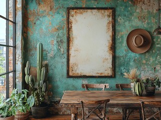 Poster - The interior of a cozy home features an empty poster frame. The frame mockup is shown inside.